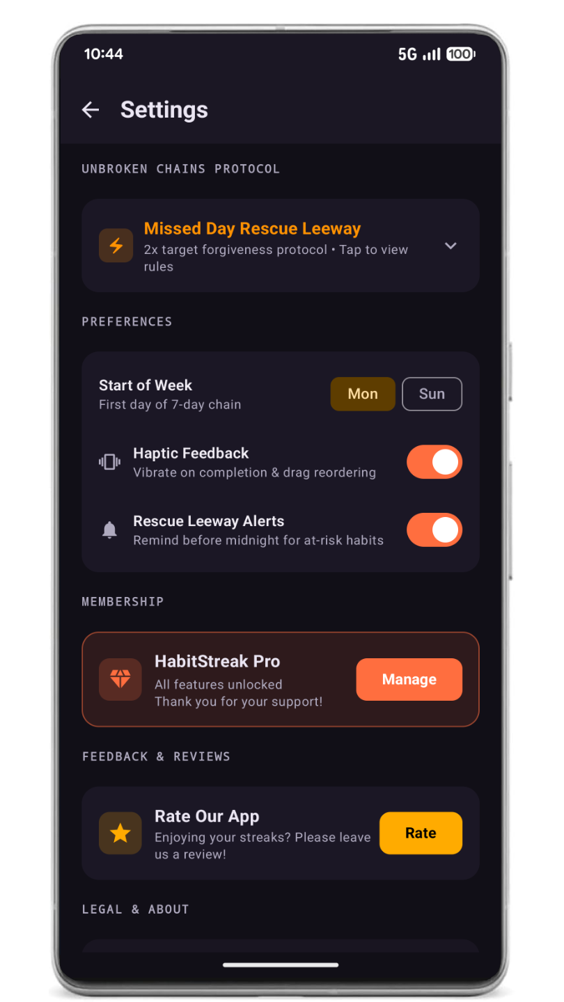 HabitStreak Settings Screen